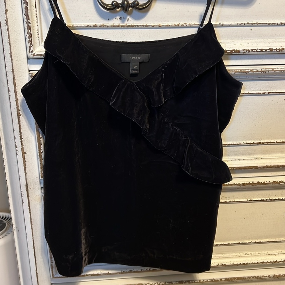 J. Crew Black Velvet Ruffle Cami Tank Spaghetti Strap Like New! Size 12 Petite